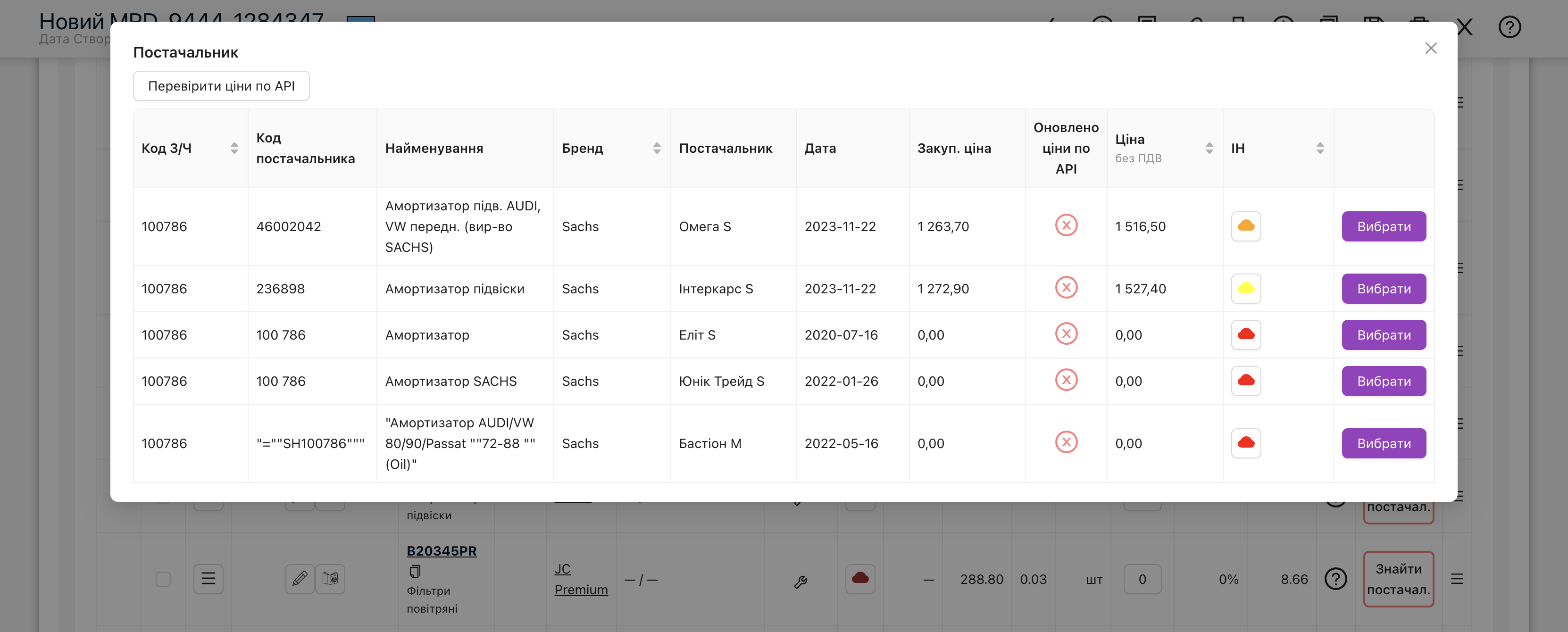 Window for checking price and availability from suppliers.