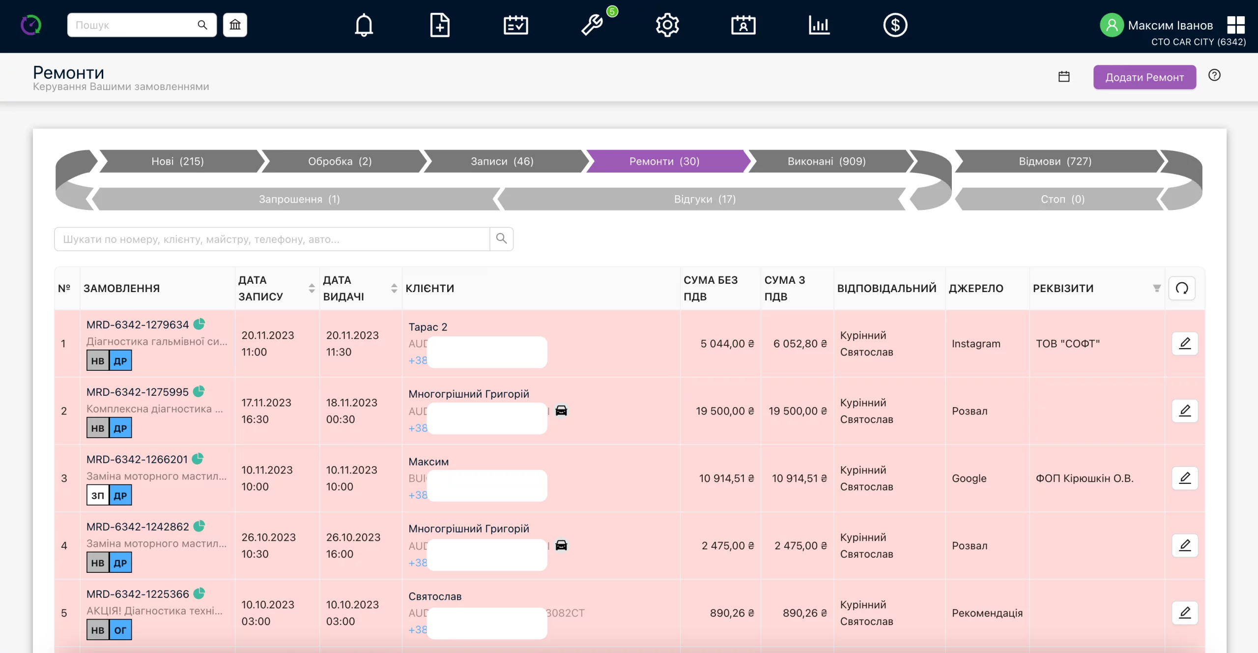 Window of open order-orders, in progress, completed and other statuses.