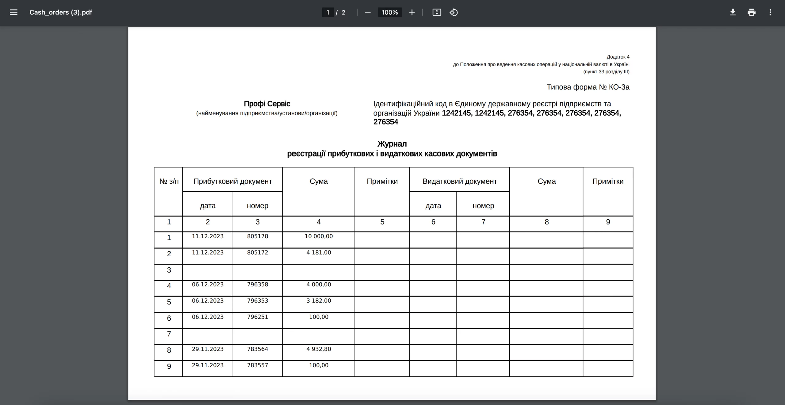 Вікно друку операцій по певній касі &mdash; журнал реєстрації прибуткових і видаткових касових документів.