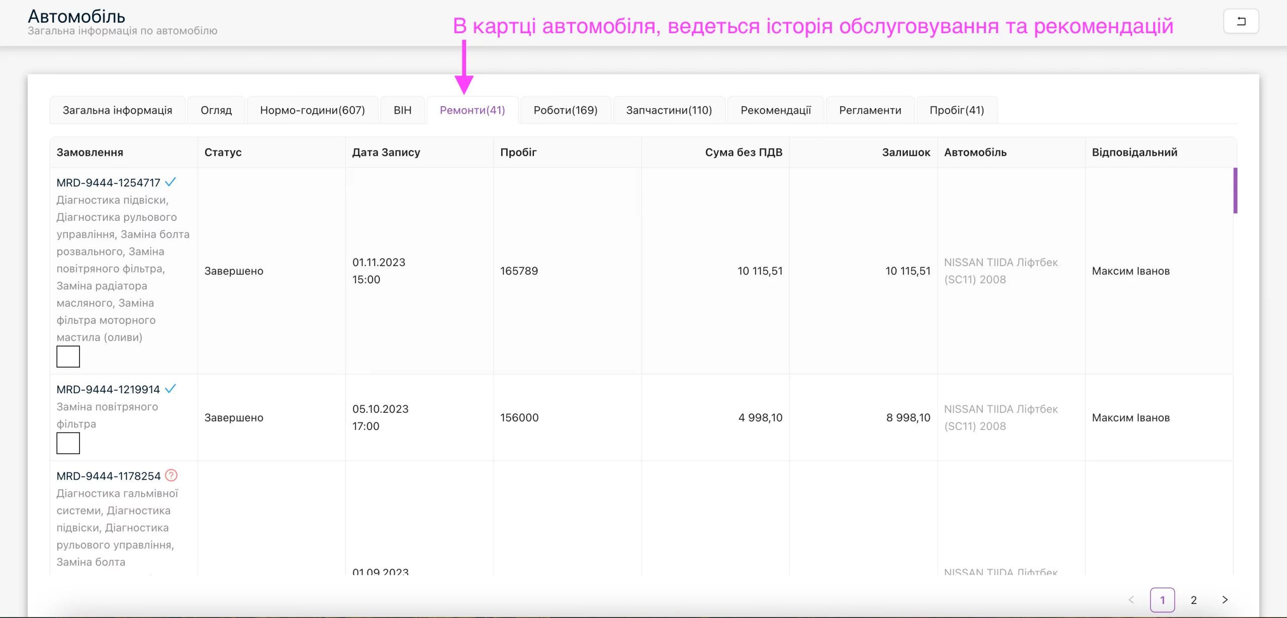 Завдяки програмному забезпеченню CARBOOK ведеться повна історія ремонтів для кожного транспортного засобу, що дозволяє отримати повний огляд всіх проведених робіт та наданих рекомендацій для кожного авто, що перебувало на обслуговуванні на СТО.