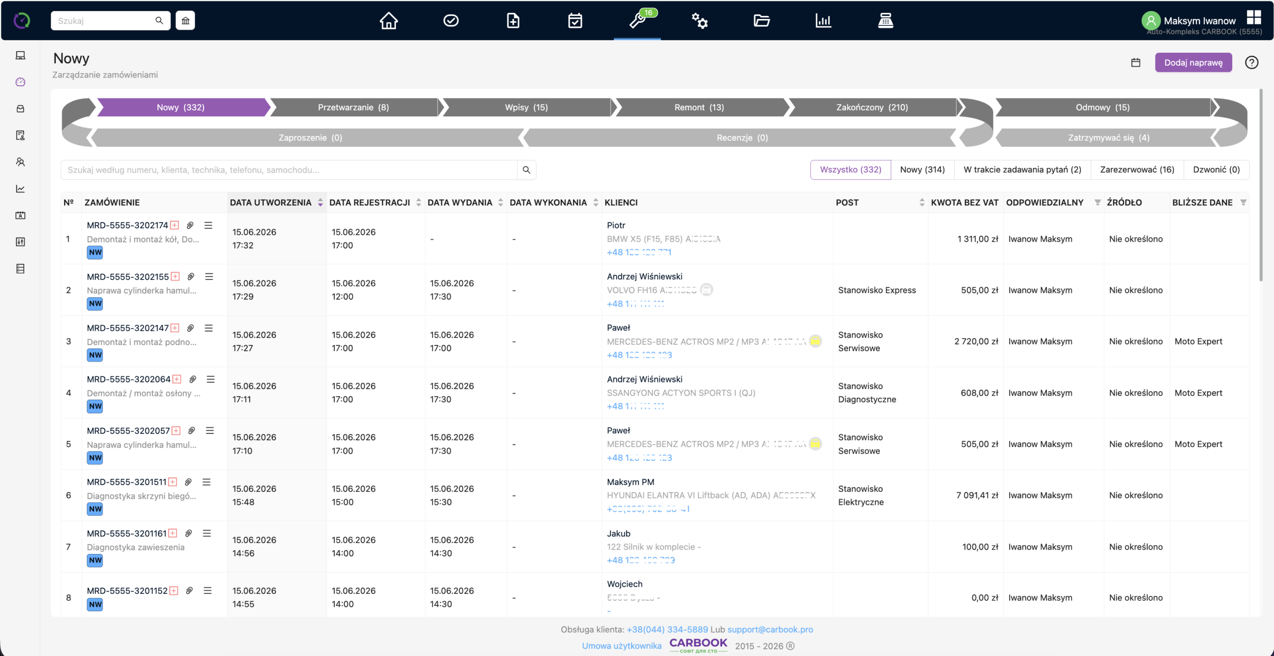 Widok listy zleceń w systemie CRM z podziałem na statusy: w realizacji, zakończone i inne.