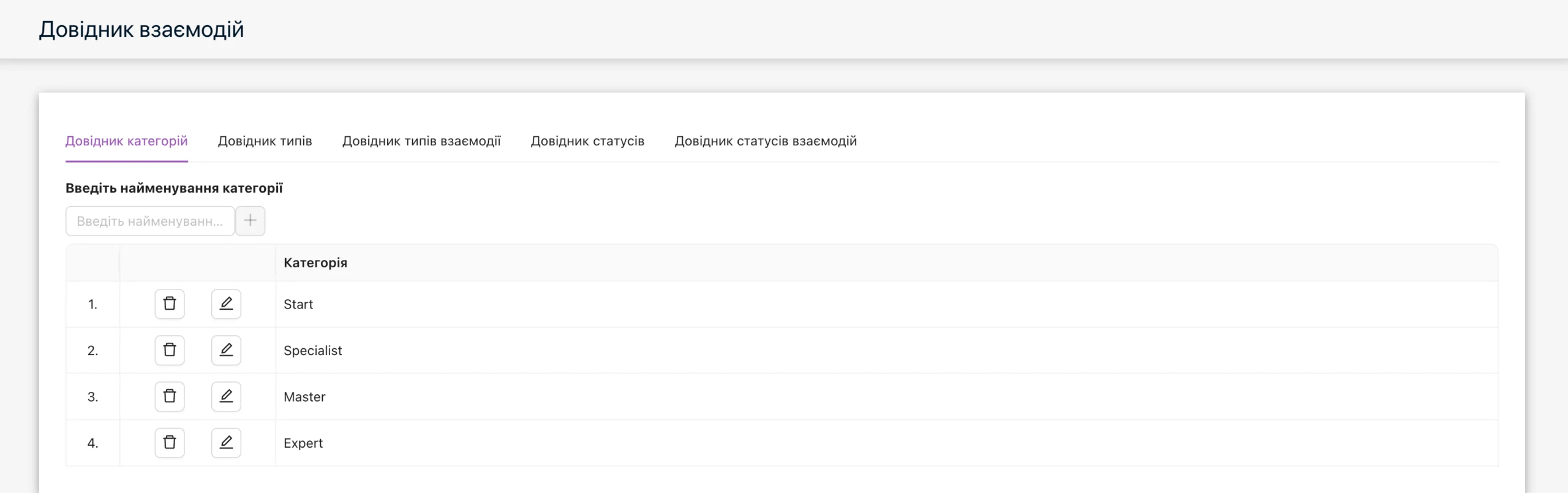 Налаштування довідника взаємодій, категорії, типи та статуси.