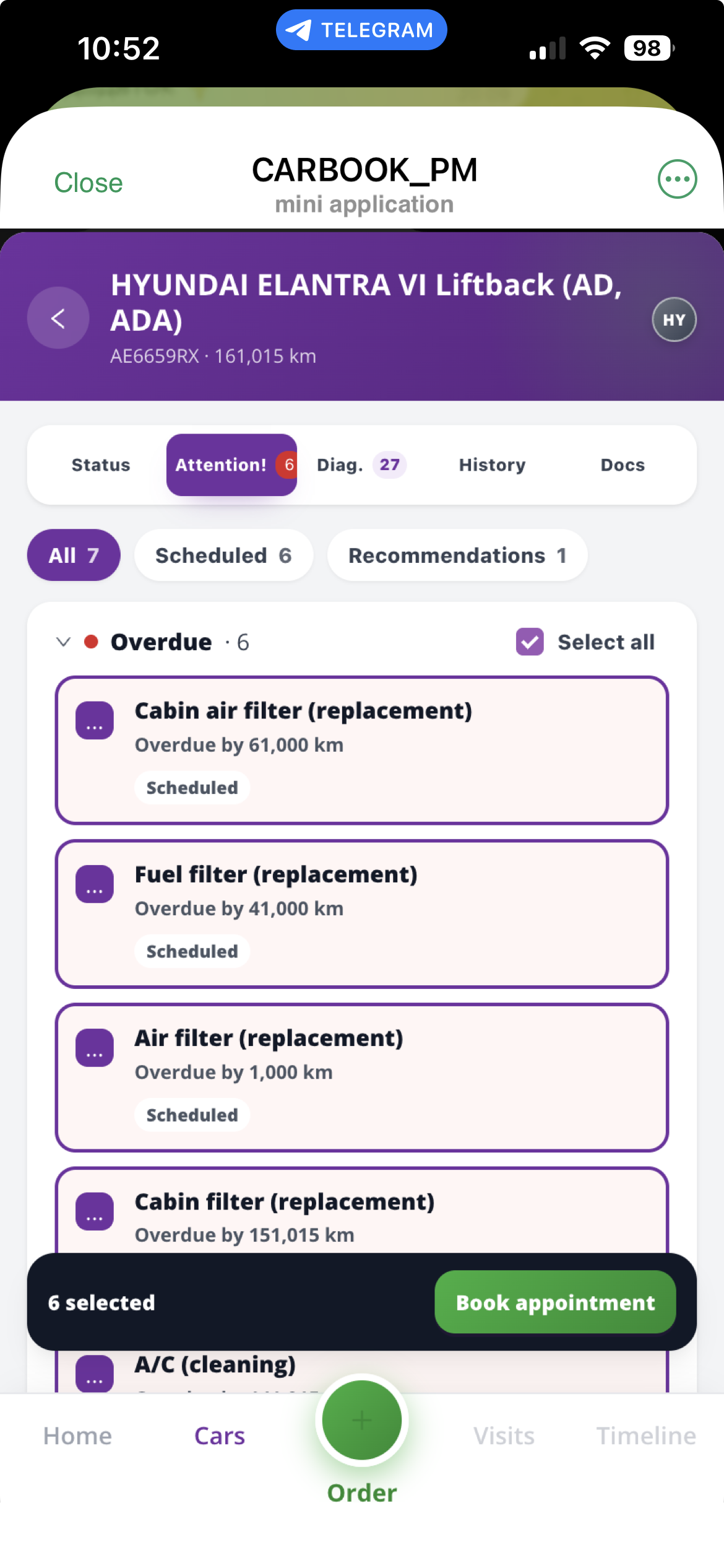 Notifications and the digital service history, booking a shop visit via the Telegram bot in CARBOOK