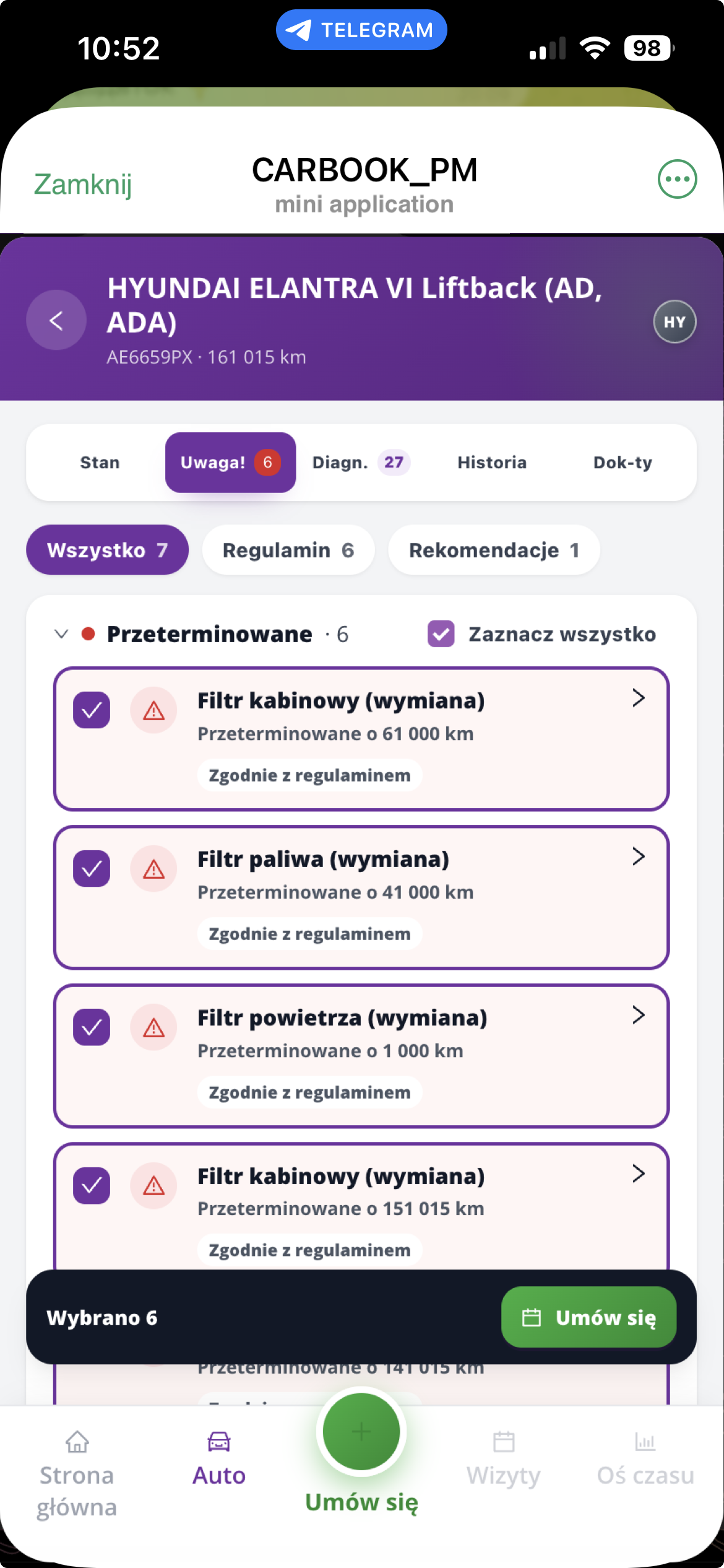 Powiadomienia i elektroniczna książka serwisowa, zapis do warsztatu w bocie TG w CARBOOK